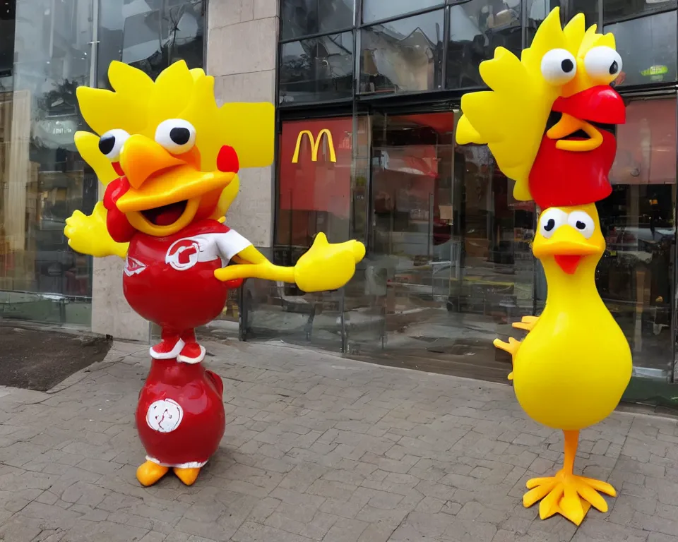 Image similar to the chicken mascot is outside of mcdonald's. it is a yellow chicken with a red mcdonald's hat on its head.