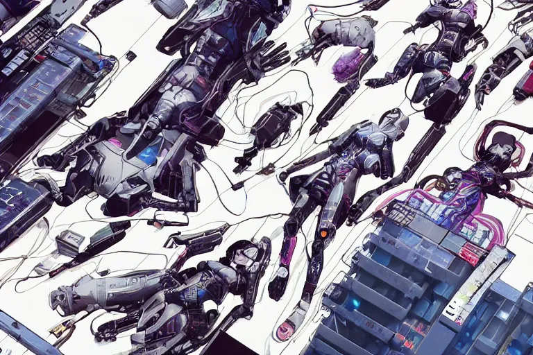 Image similar to a cyberpunk illustration of a group of female androids in style of masamune shirow, lying on an abstract, empty, white floor with their body parts scattered around in various poses and cables and wires coming out, by yukito kishiro and katsuhiro otomo, hyper-detailed, intricate, view from above