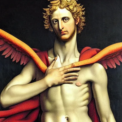 Prompt: Oil canvas of Lucifer, ruler of Inferno, capital sin of Pride, Superbia, natural blonde gold like hair, intricate sophisticated well rounded face, good bone structure, bright glowing eyes as LEDs and neon, Lean Body, porcelain looking skin, attractive and good looking, tall, invincible, poses triumphantly stance over the remains of Heaven, by Michelangelo, Caravaggio, Alphonse Mucha, Michael Whelan, William Adolphe Bouguereau, John Williams Waterhouse, and Donato Giancola, Dark Fantasy mixed with Socialist Realism, exquisite art, art-gem, dramatic representation, hyper-realistic, atmospheric scene, cinematic, trending on ArtStation, photoshopped, deep depth of field, intricate detail, finely detailed, small details, extra detail, attention to detail, detailed picture, symmetrical, 2D art, digital art, golden hour, oil painting, 8k, 4k, high resolution, unreal engine 5, octane render, arnold render, 3-point perspective, polished, complex, stunning, breathtaking, awe-inspiring, award-winning, ground breaking, concept art, nouveau painting masterpiece