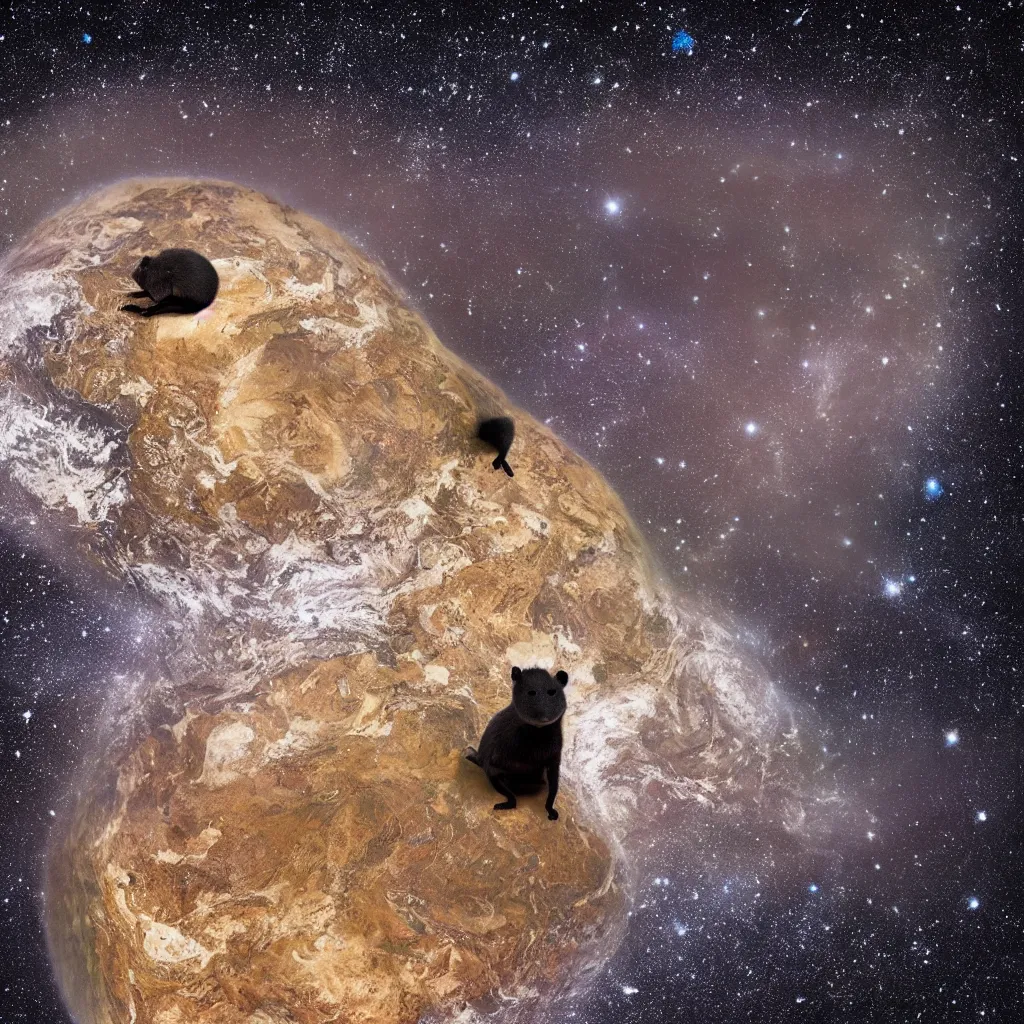 Image similar to a black gerbil eating the earth, starry background, space photography