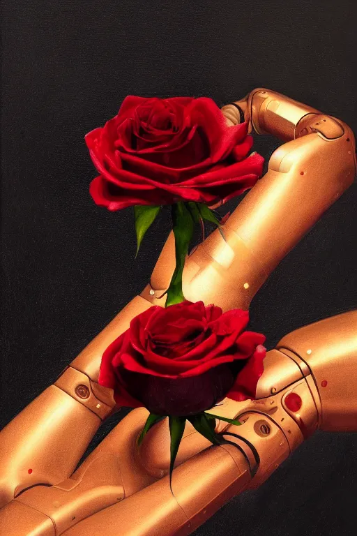 Image similar to a close-up portrait of a robotic arm holding a red rose, painted by Raphel, dramatic backlighting, autochrome, chiaroscuro, highly detailed, sharp focus, digital painting, concept art, illustration, rock, trending on artstation, art by Ruan Jia and Raphael, Art directed by Shepard Fairey, color scheme by Mandy Jurgens