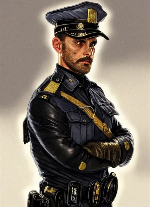 Image similar to portrait of stoic looking jean - pierre pernaut - 3 3 ans avec vous, full body, police uniform, intricate, hivis, elegant, beautiful, highly detailed, digital painting, artstation, concept art, smooth, sharp focus, illustration, art by artgerm and greg rutkowski and alphonse mucha