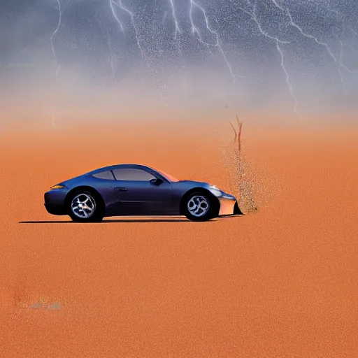 Prompt: the Abu Dhabi desert during a monsoon dust storm, a sports magazine image a slick, new, and cool looking porsche drifting down a sand dune in the Arabian desert during a monsoon dust storm, dust storm in the United Arab Emirates desert, Haboob in the background w/ bolts of lightning striking the cityscape of Dubai, fantasy illustration, detailed painting, and deep color