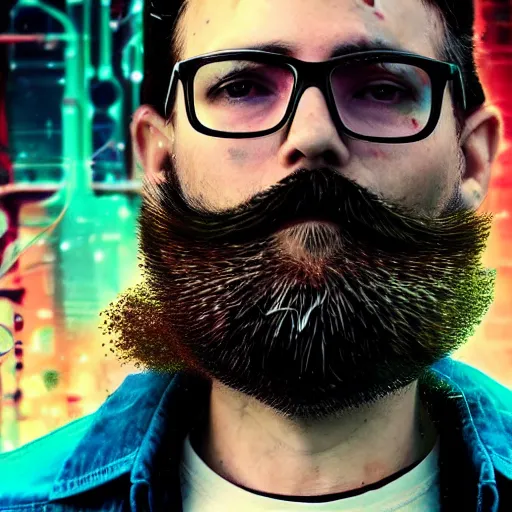 Image similar to Beautiful Photo of Arduino Uno in the robot's head. beard man. Cyberpunk. splatterpunk. 4K