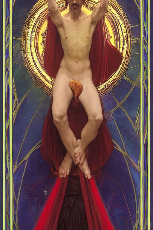 Prompt: An Epic Tarot Card of Dr. strange casting dynamic powerful spell. lit by dark evil magic portal, amazing colour harmony and variation, simple background, by Donato Giancola, William Bouguereau, John Williams Waterhouse, tarot card border made of rare sentient opalescent cosmic ivory by Alphonse Mucha