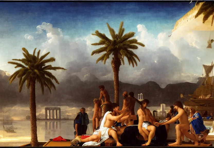 Prompt: Palace floating in the sky, caravels, thunderstorm, greek pool, beach and palm trees on the background major arcana sky, by paul delaroche, hyperrealistic 4k uhd, award-winning, very very very detailed