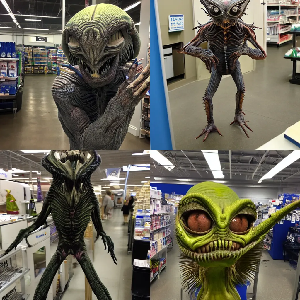 Prompt: Just one of the many Alien Hell Creatures in the backrooms of Bed Bath and Beyond