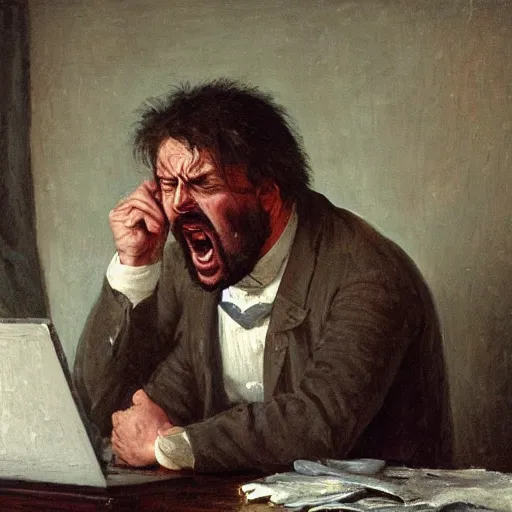 Image similar to an angry man yells at his computer monitor, oil on canvas, 1 8 8 3, highly detailed