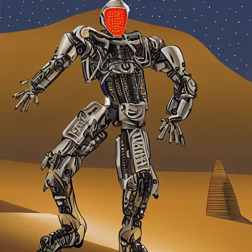 Prompt: cyborg in the desert, digital art
