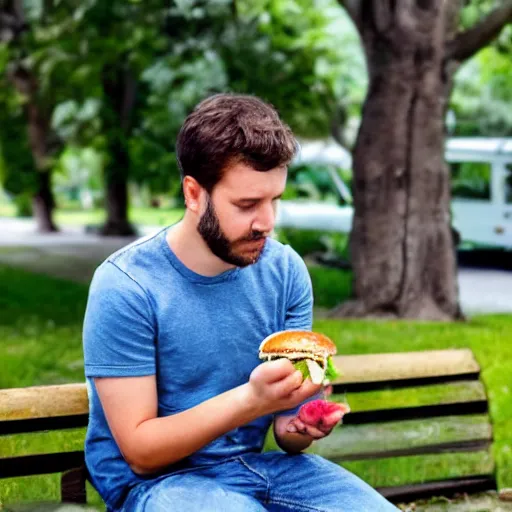 Image similar to a man eating a burger, there are insects in his burger, he is sitting on a bench, he is cross eyed.
