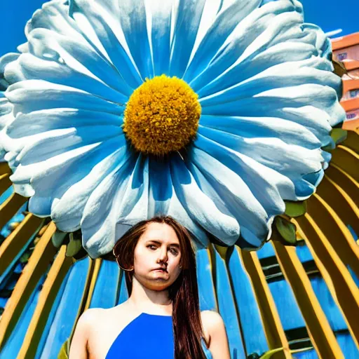 Image similar to giant flower head, full body, girl standing in hotel, surreal, symmetry, mid century, bright colours, blue sky, realistic, wes anderson