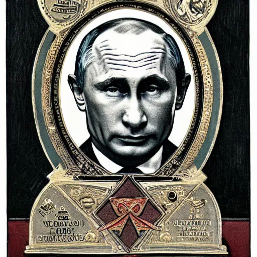 Prompt: vladimir putin. masonic occult lithography by norman rockwell