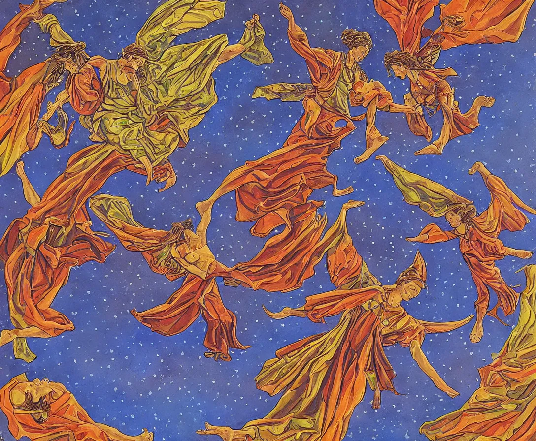 Prompt: two sacred angels fighting in the skies of seattle, gouache, stylised, by mati klarwein and moebius