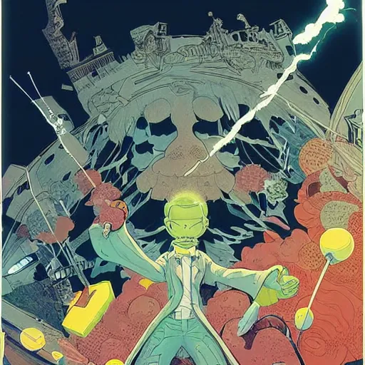 Image similar to a powerful psychic man emitting psychic energy, psychic powers, powers, artgerm, jamie hewlett, james jean, moebius, geof darrow, detailed, highly detailed, aesthetic!!, fantasy vibe,