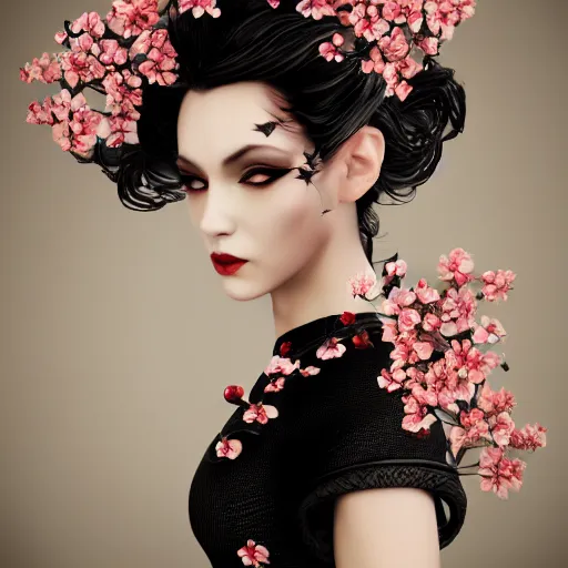 Image similar to beautiful girl in a dress made of black roses and cherry blossoms, beautiful portrait, symmetrical, character concept style trending on artstation concept art detailed octane render cinematic photo - realistic 8 k high detailed