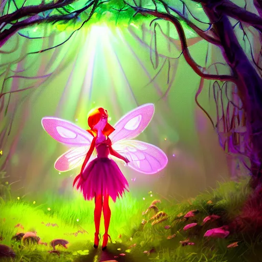 Prompt: fairy clothing store in a woodland grove, neon wings cute colorful pretty artistic girly avant garde 4 k artstation trending dramatic lighting high frequency noise