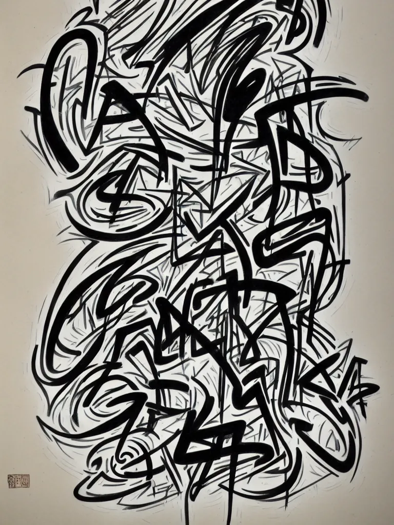 Image similar to pencil and marker illustration by doze green, strong linework, figurative abstraction and letterforms, graffiti, edo period, gesso and sumi ink