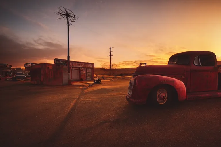 Image similar to a sunset light landscape with historical route 6 6, lots of sparkling details and sun ray ’ s, blinding backlight, smoke, volumetric lighting, colorful, octane, 3 5 mm, abandoned gas station, old rusty pickup - truck, beautiful epic colored reflections, very colorful heavenly, softlight