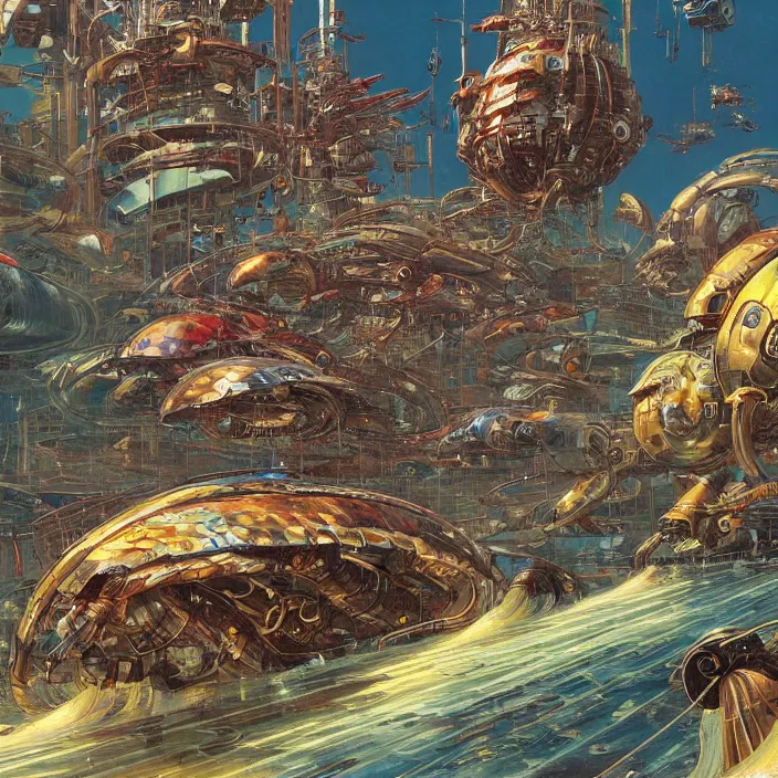 Prompt: cyberpunk mollusc mechs, flowing, aerodynamic, fast, flat art, digital art, hd, by takashi murakami, by bruce pennington