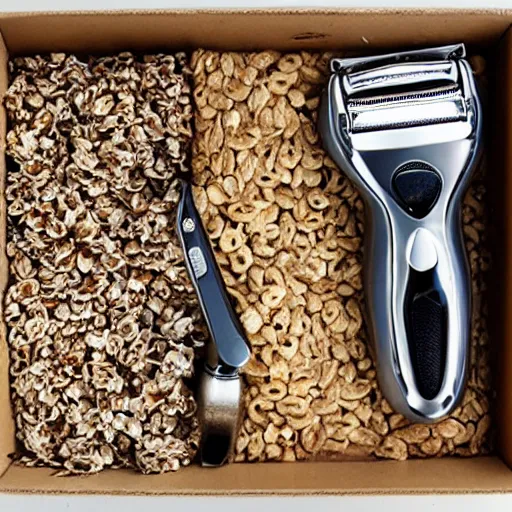 Prompt: a box of razor razor razor! blade bran flakes breakfast cereal now with rusty nails nails nails hardware and cereal cardboard box