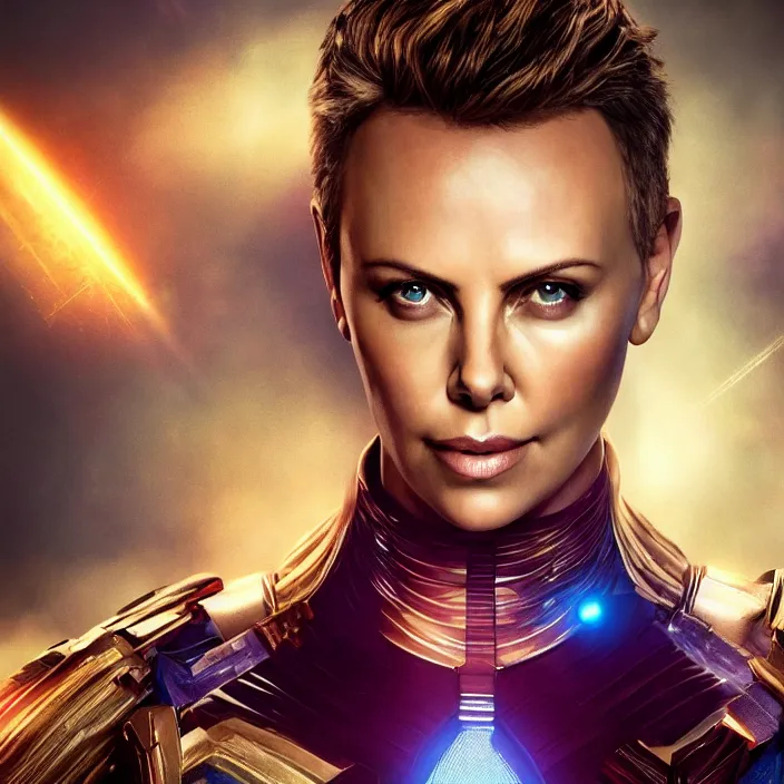 Image similar to portrait of (Charlize Theron), wearing The Infinity Gauntlet. (((infinity stones))) intricate artwork. octane render, trending on artstation, very coherent symmetrical artwork. avengers. thanos. cinematic, hyper realism, high detail, octane render, 8k, iridescent accents