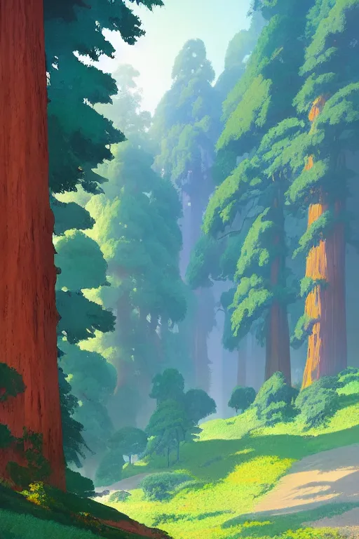 Image similar to Sequoia Park in a colorful moutain with beautiful trees ,morning , by studio ghibli painting, superior quality, masterpiece, traditional Japanese colors, by Grzegorz Rutkowski, concept art