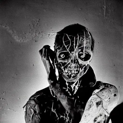 Image similar to real life irradiated undead acute radiation sickness flaking and melting skin 1950s nuclear wasteland black and white award winning photo highly detailed, highly in focus, highly life-like Arriflex 35 II, by stanley kubrick