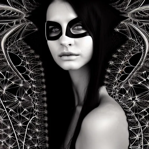 Image similar to portrait of a young beautiful woman with a mask. contemporary photograph and speed painting and fractal and mandelbulb and lines and scribble art. black and white. intricate, elegant, super highly detailed, professional digital painting, artstation, concept art, smooth, sharp focus, no blur, no dof, extreme illustration, Unreal Engine 5, Photorealism, HD quality, 8k resolution, cinema 4d, 3D, beautiful, cinematic