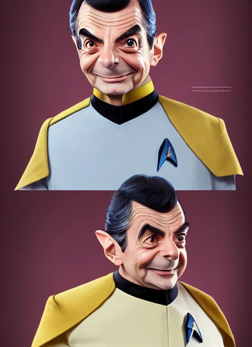 Image similar to cute star trek officer mr bean, natural lighting, path traced, highly detailed, high quality, digital painting, by don bluth and ross tran and studio ghibli and alphonse mucha, artgerm