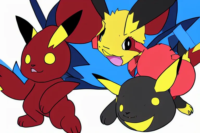 Image similar to zorua, pikachu, two pokemon playing together, super detailed, clean lines, digital art