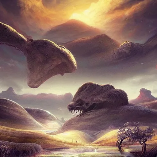 Prompt: large landscapes from another world, beautiful depiction, very detailed animals, enhance lighting, the sky is looking really cool