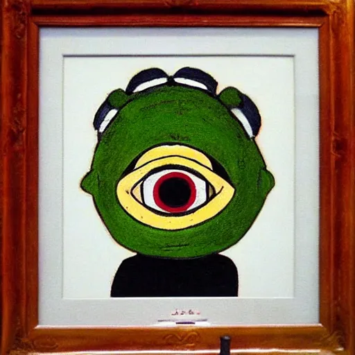 Prompt: pepe the frog by frida kahlo