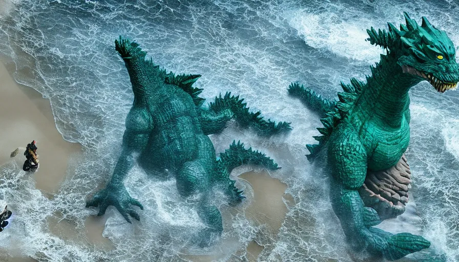 Prompt: CNN news footage taken from above. Godzilla from Zelda is washed up on the beach. 8K Highly professionally detailed, HDR, CGsociety, Ultra Realistic