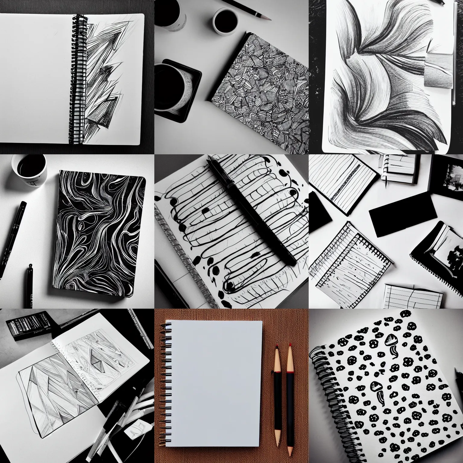 Prompt: black and white notebook drawings casual white space composed