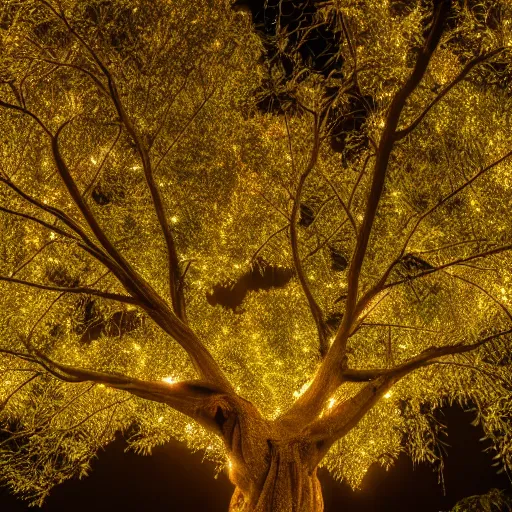 Image similar to a tree but all the leaves are fireflies, nighttime, luminescent, epic, 4 k