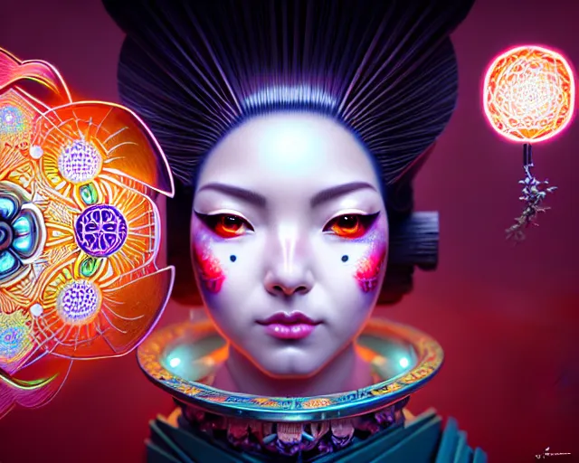 Image similar to a headshot of a geisha offset in the frame, surrounded by fractals, mandalas, cherry blossoms, hadron collider technology, metal gears, swirling bioluminescent energy, art by peter mohrbacher and dan mumford, 8 k octane render, hyperrealistic, zbrush, cinema 4 d