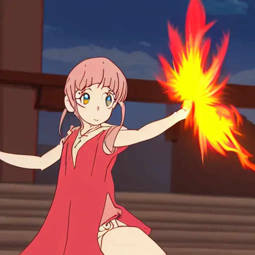 Prompt: in the style of Madhouse studio anime, girl shooting fireballs at a dragon