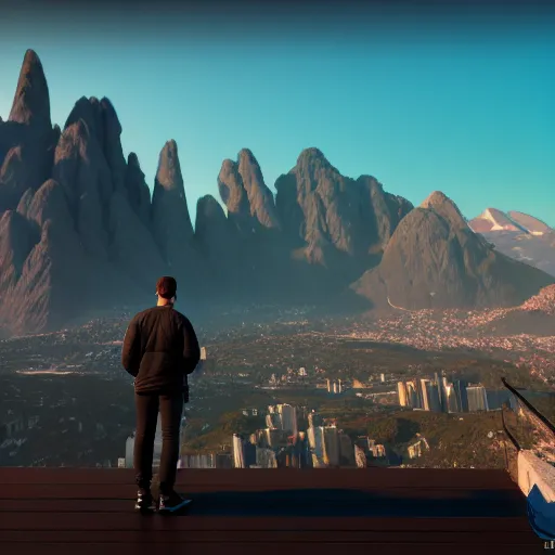 Prompt: a man standing in front of a city with mountains in the distance, 3 d, unreal engine, extremely detailed, artstation, artstationhq, artstationhd, 4 k, 8 k, ultra high res