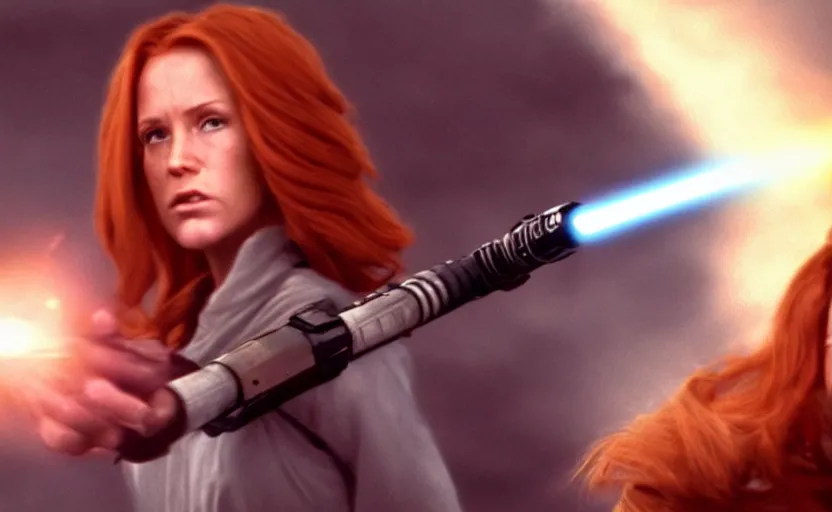 Prompt: screenshot of Jedi Mara Jade, played by the beautiful Julian Moore, holding a blue lightsaber in right hand, iconic scene from 1980s film by Stanley Kubrick, 4k, windy hair, cinematic still frame, surreal sci fi set design, photoreal, detailed face, moody storm lighting, stunning cinematography, hyper detailed, sharp, anamorphic lenses, kodak color film stock