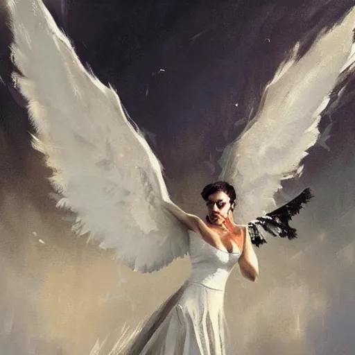 Image similar to Painting by Greg Rutkowski, an opera singer in a white dress with wings on stage