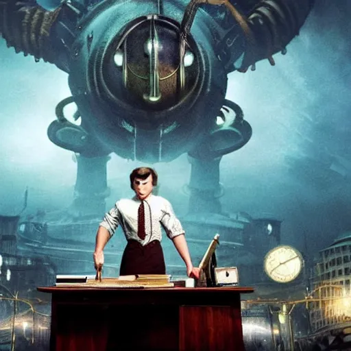 Prompt: a highly detailed cinematic photo from a live - action bioshock movie. andrew ryan, portrayed by evan peters, is shown standing in a 1 9 3 0's office with a large desk in front of an immense floor - to - ceiling window looking out into the underwater city of rapture. sea life including a blue whale is shown outside of the window