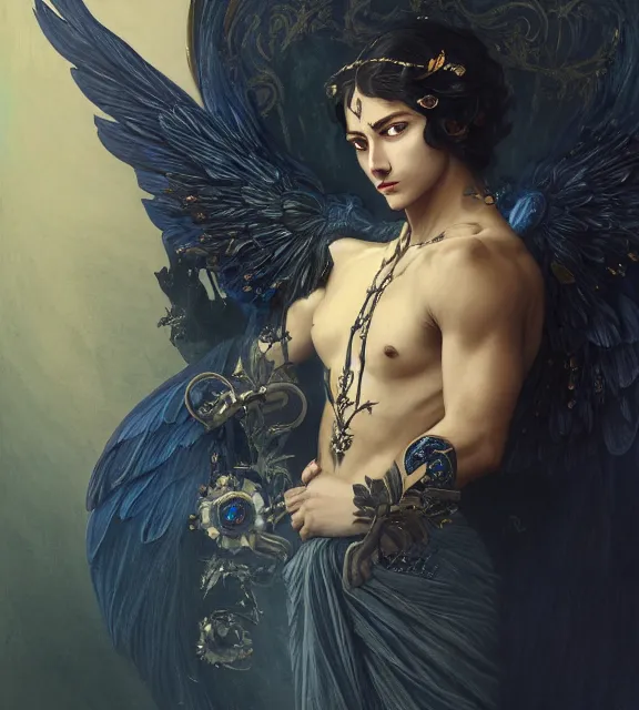 Image similar to portrait of a god of death, young male, in the underworld, elegant dark blue dress, very detailed, throne, very intricate details, jewelry, gold eyes, elaborate long black hairstyle, wings, cinematic, artstation, william bouguereau, alphonse mucha, greg rutkowski, rossdraws, octane render