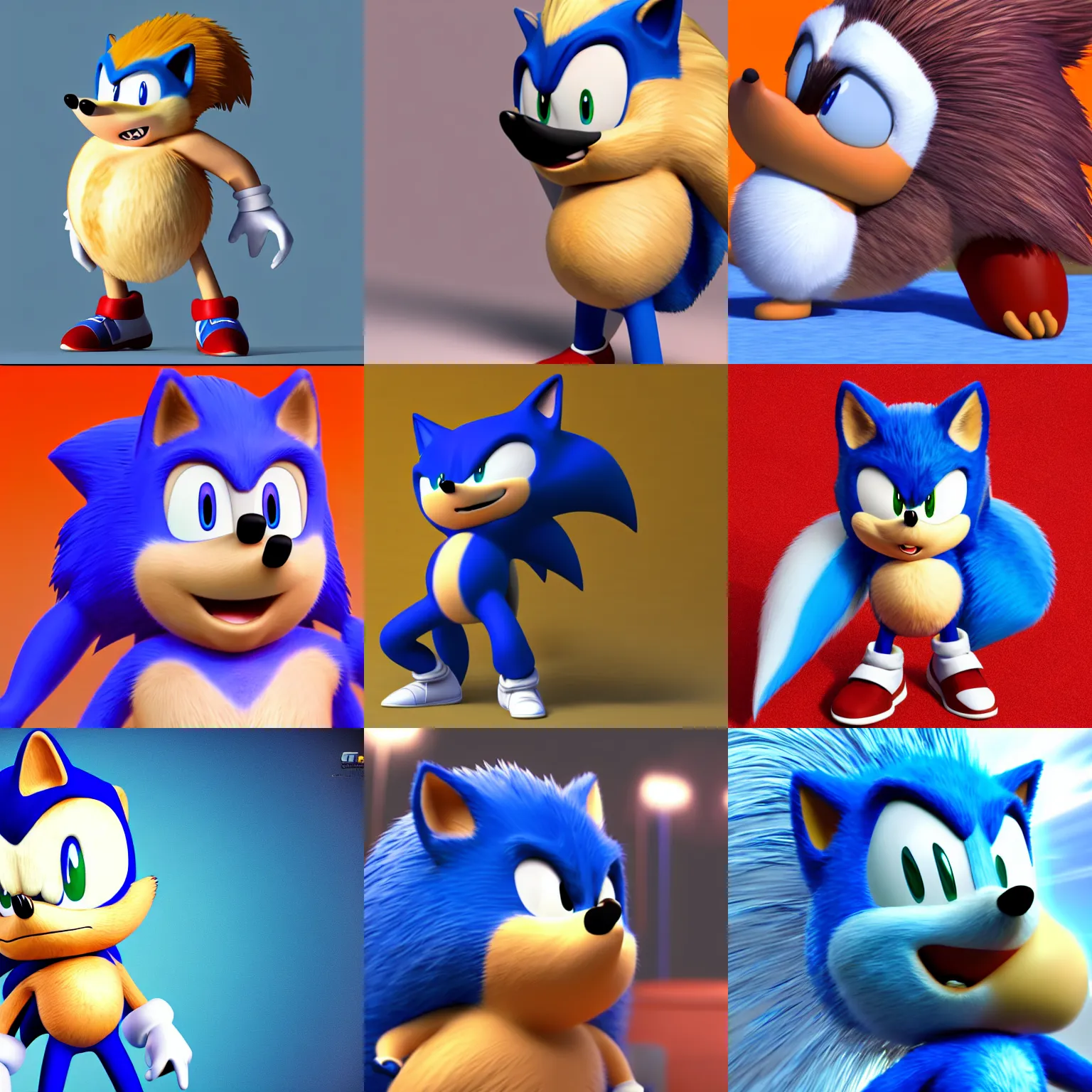 Prompt: a CGI image of an obese Sonic the Hedgehog, movie quality, HD, 8k, Blender, modeling program