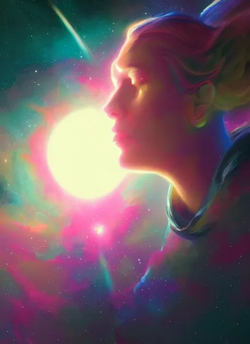 Image similar to epic portrait cinematic shot an yellow planet with a pink atmosphere orbiting around a blue star in space, glowing, stars, nebuale, atmospheric, fine details. night setting. realistic shaded lighting poster by craig mullism, artgerm, jeremy lipkin and michael garmash, unreal engine, radiant light, detailed and intricate environment, digital art, trending on art station,