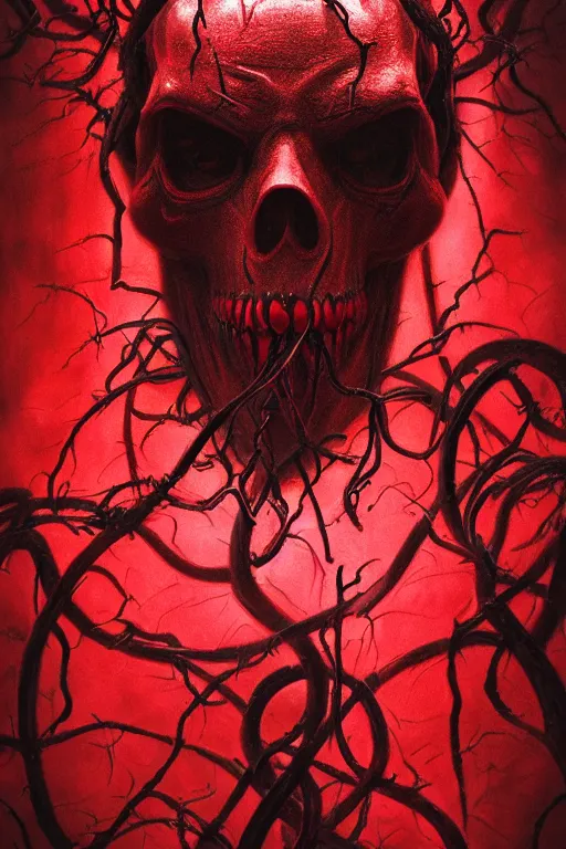 Image similar to realistic portrait beautiful detailed matte painting of cinematic movie scene a bleeding red skull, tentacles, black and red, thorns, vines, horror, created by gustave dore and greg rutkowski, high detailed, smooth draw, synthwave neon retro, intricate, realistic proportions, dramatic lighting, trending on artstation.