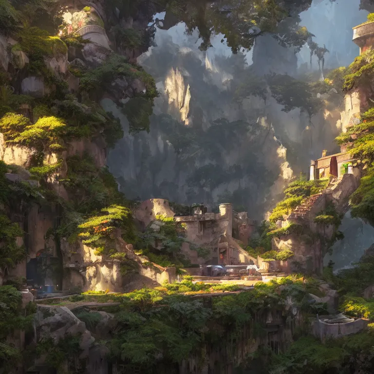 Image similar to secret overwatch living quarters carved inside a mountain surrounding a lush garden, trimmed, magical, natural light, cozy, fantasy, minimalist architecture, sharp focus, concept art, by greg rutkowski and craig mullins, atmospheric, octane render