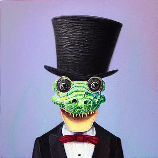 Image similar to “a crocodile wearing a top hat and monocle, dapper, highly detailed, oil on canvas”