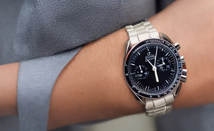 Image similar to omega speedmaster on the wrist of a lady with a wool suit