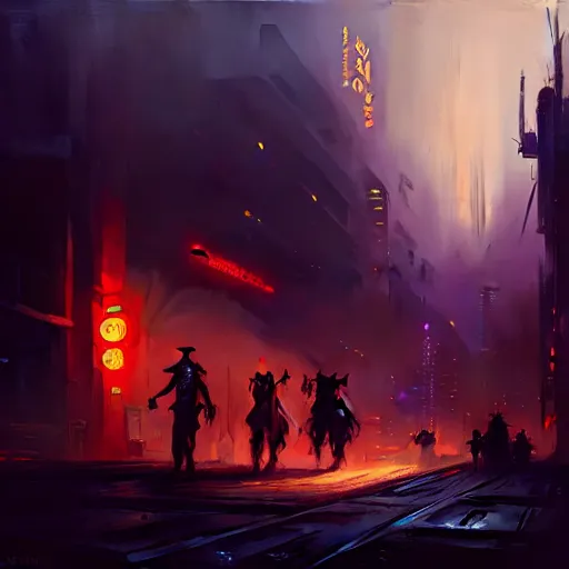 Image similar to cyberpunk wild west, dramatic lighting, city background, chiaroscuro, high detail, painted by greg rutkowski, painted by igor kieryluk, painted by bobby chiu, trending on artstation