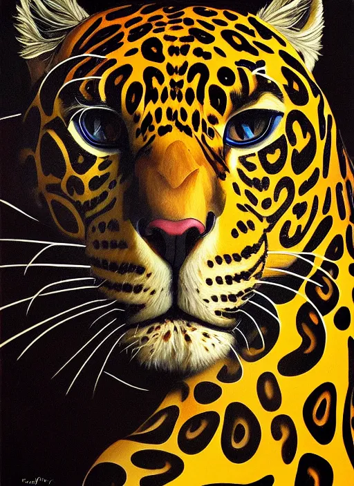 Image similar to oil portrait of realistic jaguar holdeing black drinking can, intricate, elegant, highly detailed, lighting, painting, artstation, smooth, illustration, art by greg rutowski and alphonse mucha